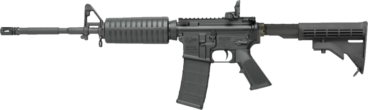 Colt M4 Carbine CR6920 左侧面产品照：A2 准星、双片护木、平顶上机匣、MBUS 后照门、30 发弹匣、4 档伸缩枪托
